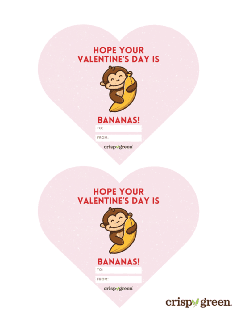 Two heart shaped Valentine's day templates that feature a monkey holding a banana provided by Crispy Green.