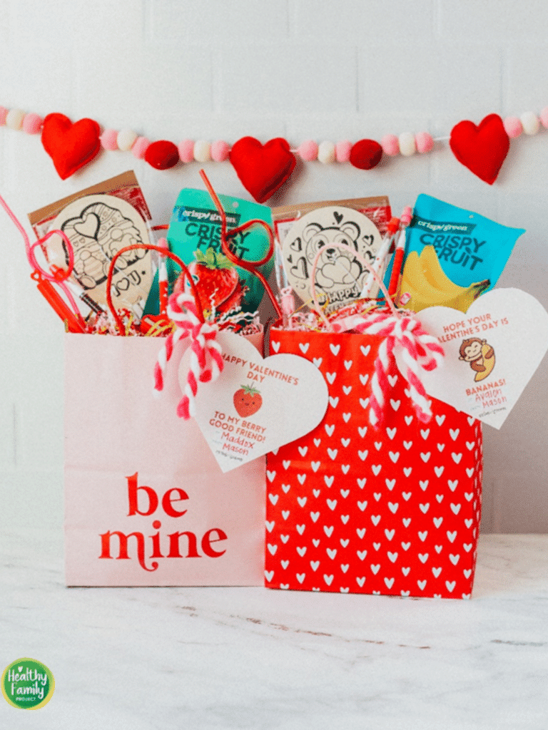 Festive Pink and Red Valentines Day DIY Bags stuffed with Crispy Green's Crispy Fruit Banana and Crispy Fruit Strawberry