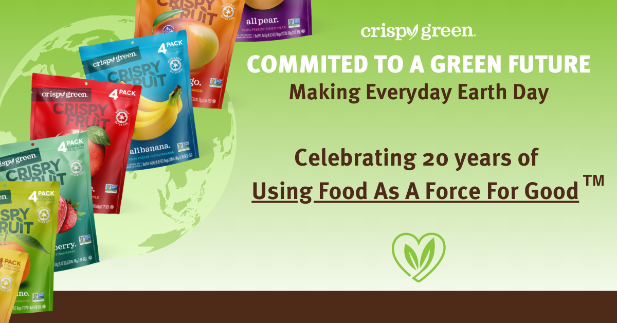 Image of Crispy Fruit flavors across a green Earth. The text says "Crispy Green", "Committed to a Green Future", and "Making Everyday Earth Day" stacked on each other. It then says, "Celebrating 20 years of Using Food As A Force For Good" with a trademark symbol next to it.The image also has the Crispy Green heart logo at the bottom.