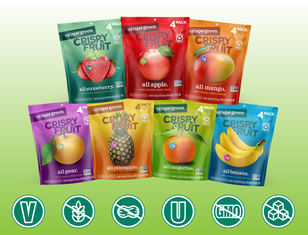 Image of the Crispy Fruit 4-pack flavors stacked on each other, including Strawberry, Apple, Mango, Pear, Pineapple, Tangerine and Banana. The image is against a green to white gradient. The bottom of the image is decorated with the certifications of Crispy Fruit including, Vegan, Nonallergen, Kosher, Non-GMo, no sugar added, and more.